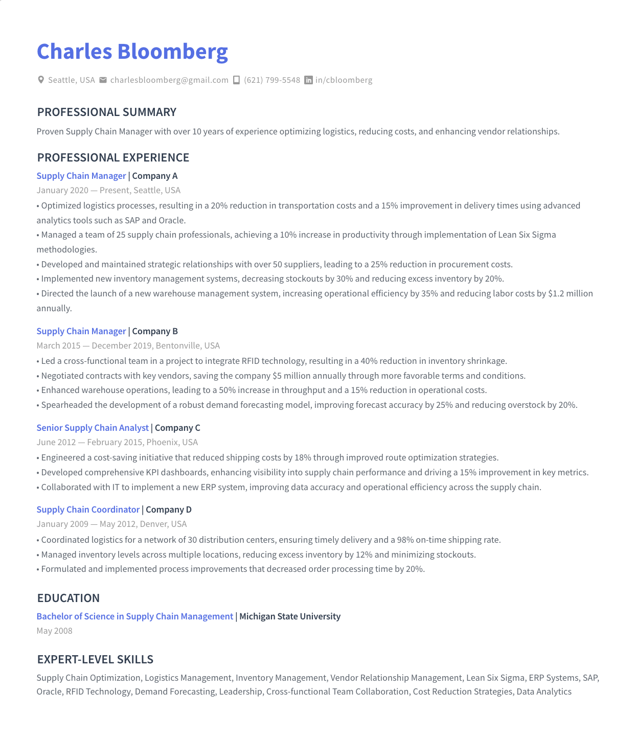 Supply Chain Manager Example for 2023 Rezi Ai